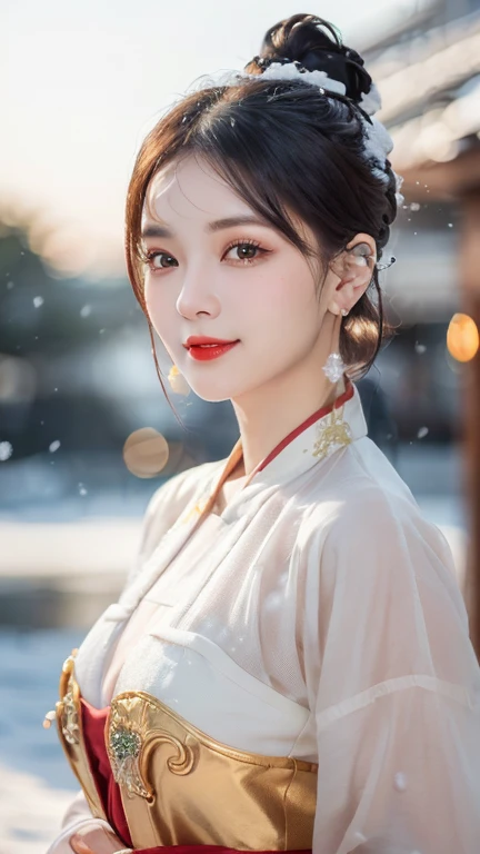 (1 girl, youthful gorgeous Lady, brown_eyes, brown_hair, cross_earrings, earrings, jewellery, Ancient China, Traditional Hanfu, Silk Hanfu, Hanfu, natural pose in a snowy night,
Detailed Beautiful face, Detailed Facial Features, beautiful eyes, dimples, snaggle-tooth, Kind smile, Red lips, short hair, bob hair, cute ponytail, extremely detailed eyes, extremely detailed face, beautiful detailed lips, long eyelashes, arms close together, ears out, golden ratio face, golden ratio body, perfect body anatomy, huge breasts, big breasts,
(SNOW:1.3),
Night outdoors, snow flakes, snow, winter,
(best quality, 4K, 8k, highres, masterpiece:1.2), ultra-detailed, (realistic, photorealistic, photo-realistic:1.37), HDR, UHD, sun light, ultra-fine painting, sharp focus, physically-based rendering, extreme detail description, professional, Vivid Colours, award-winning, Bokeh_Background, cowboy_shot, SFW, Safe for Work)