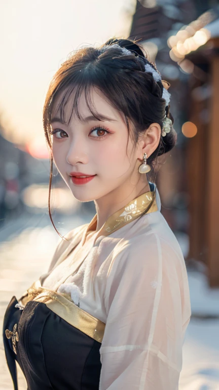 (1 girl, youthful gorgeous Lady,  brown_eyes, brown_hair, cross_earrings, earrings, jewellery, Ancient China, Traditional Hanfu, Silk Hanfu, Hanfu, natural pose in a snowy night,  

Detailed Beautiful face, Detailed Facial Features, beautiful eyes, dimples, snaggle-tooth, Kind smile, Red lips, short hair, bob hair, cute ponytail, extremely detailed eyes,  extremely detailed face, beautiful detailed lips, long eyelashes, arms close together, ears out, golden ratio face, golden ratio body, perfect body anatomy, huge breasts, big breasts, 

(SNOW:1.3),
Night outdoors,  snow flakes, snow, winter,
(best quality, 4K, 8k, highres, masterpiece:1.2), ultra-detailed, (realistic, photorealistic, photo-realistic:1.37), HDR, UHD, sun light, ultra-fine painting, sharp focus, physically-based rendering, extreme detail description,  professional, Vivid Colours, award-winning, Bokeh_Background, cowboy_shot, SFW, Safe for Work)