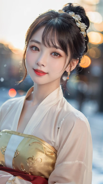 (1 girl, youthful gorgeous Lady,  brown_eyes, brown_hair, cross_earrings, earrings, jewellery, Ancient China, Traditional Hanfu, Silk Hanfu, Hanfu, natural pose in a snowy night,  

Detailed Beautiful face, Detailed Facial Features, beautiful eyes, dimples, snaggle-tooth, Kind smile, Red lips, short hair, bob hair, cute ponytail, extremely detailed eyes,  extremely detailed face, beautiful detailed lips, long eyelashes, arms close together, ears out, golden ratio face, golden ratio body, perfect body anatomy, huge breasts, big breasts, 

(SNOW:1.3),
Night outdoors,  snow flakes, snow, winter,
(best quality, 4K, 8k, highres, masterpiece:1.2), ultra-detailed, (realistic, photorealistic, photo-realistic:1.37), HDR, UHD, sun light, ultra-fine painting, sharp focus, physically-based rendering, extreme detail description,  professional, Vivid Colours, award-winning, Bokeh_Background, cowboy_shot, SFW, Safe for Work)