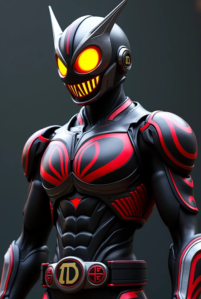 Kamen Rider Faiz 555 Transforms using a cell phone Black body with red lines Silver on chest and other parts Has yellow eyes Overall body armor is rounded The face is also round in design, with the Greek letter Φ as its motif Mouth resembles five jagged fangs Cell phone attached to belt