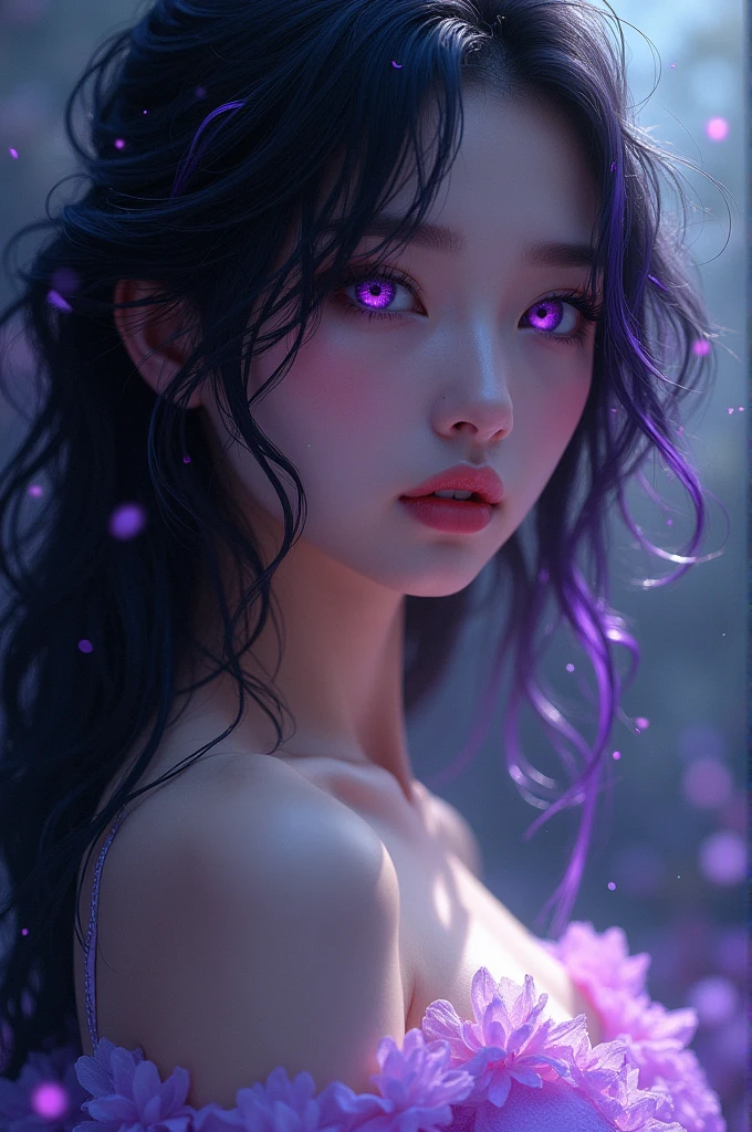 A girl whose beauty can surpress a goddess, black hair with purple highlights, violet eyes, fair skin