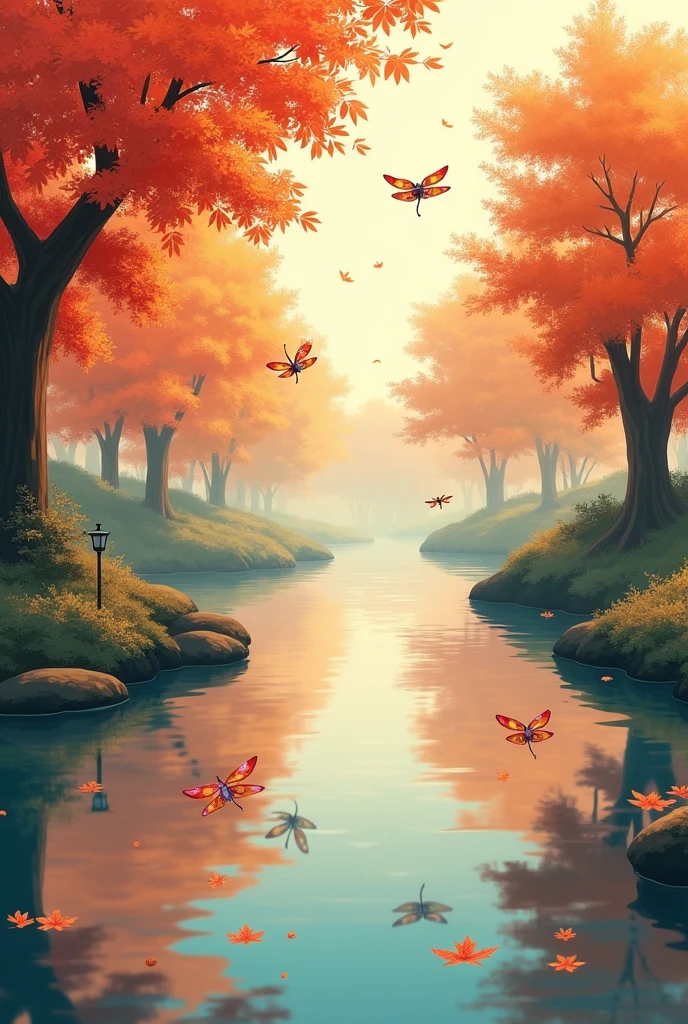 Create japanese in aki season make illustration 2d
Add maple leaves and dragonflies but on water