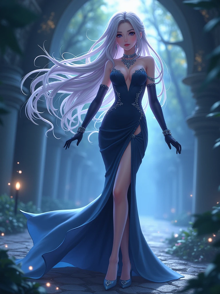 a beautiful young lady, wearing a long evening tight gown with a slit, long hand glove, beautiful hair, front pictures, 8k, highest quality, long hair, anime vision, fantasy, curve body, sparkling jewelry,  full body pictures