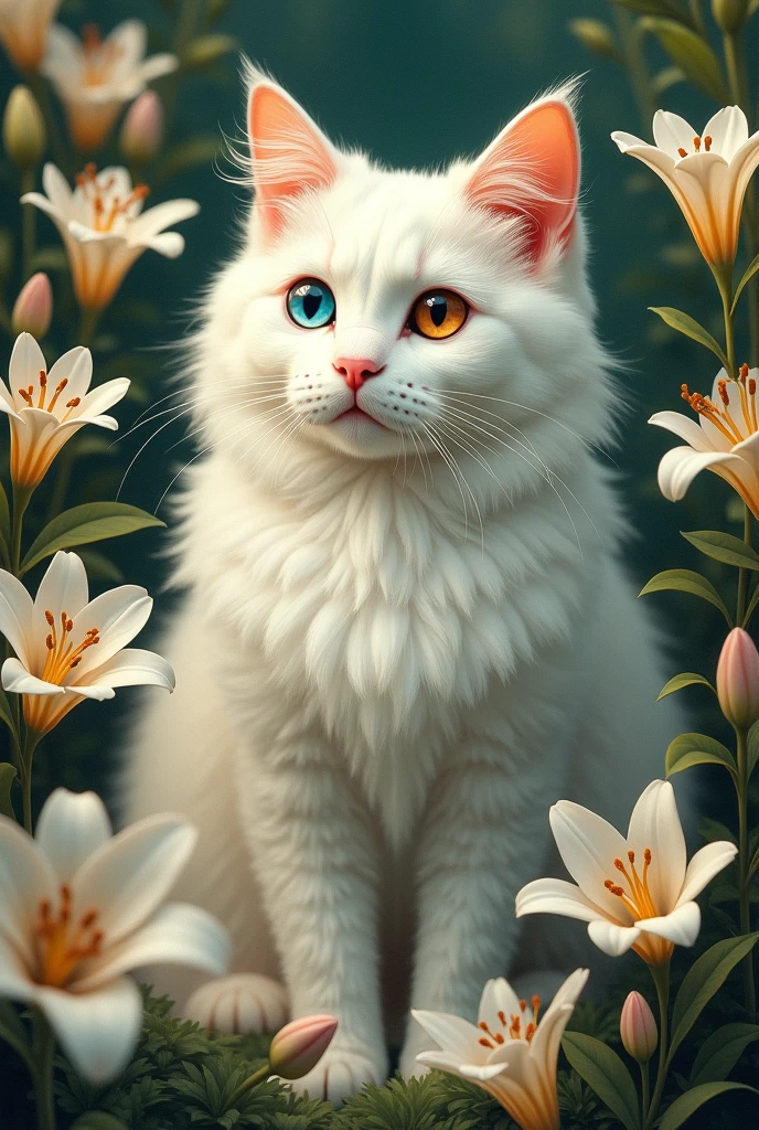 art nouveau fluffy white cat with heterochromia
original with lilies
more lilies