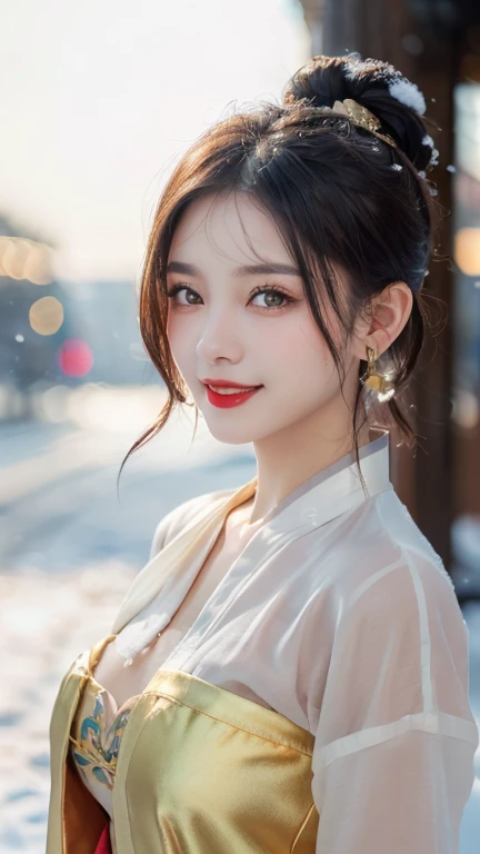(1 girl, youthful gorgeous Lady, brown_eyes, brown_hair, cross_earrings, earrings, jewellery, Ancient China, Traditional Hanfu, Silk Hanfu, Hanfu, natural pose in a snowy night,
Detailed Beautiful face, Detailed Facial Features, beautiful eyes, dimples, snaggle-tooth, Kind smile, Red lips, short hair, bob hair, cute ponytail, extremely detailed eyes, extremely detailed face, beautiful detailed lips, long eyelashes, arms close together, ears out, golden ratio face, golden ratio body, perfect body anatomy, huge breasts, big breasts,
(SNOW:1.3),
Night outdoors, snow flakes, snow, winter,
(best quality, 4K, 8k, highres, masterpiece:1.2), ultra-detailed, (realistic, photorealistic, photo-realistic:1.37), HDR, UHD, sun light, ultra-fine painting, sharp focus, physically-based rendering, extreme detail description, professional, Vivid Colours, award-winning, Bokeh_Background, cowboy_shot, SFW, Safe for Work)