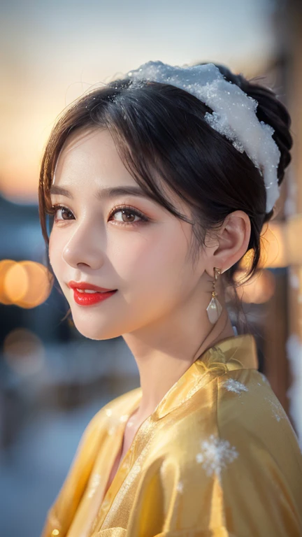 (1 girl, youthful gorgeous Lady,  brown_eyes, brown_hair, cross_earrings, earrings, jewellery, Ancient China, Traditional Hanfu, Silk Hanfu, Hanfu, natural pose in a snowy night,  

Detailed Beautiful face, Detailed Facial Features, beautiful eyes, dimples, snaggle-tooth, Kind smile, Red lips, short hair, bob hair, cute ponytail, extremely detailed eyes,  extremely detailed face, beautiful detailed lips, long eyelashes, arms close together, ears out, golden ratio face, golden ratio body, perfect body anatomy, huge breasts, big breasts, 

(SNOW:1.3),
Night outdoors,  snow flakes, snow, winter,
(best quality, 4K, 8k, highres, masterpiece:1.2), ultra-detailed, (realistic, photorealistic, photo-realistic:1.37), HDR, UHD, sun light, ultra-fine painting, sharp focus, physically-based rendering, extreme detail description,  professional, Vivid Colours, award-winning, Bokeh_Background, cowboy_shot, SFW, Safe for Work)