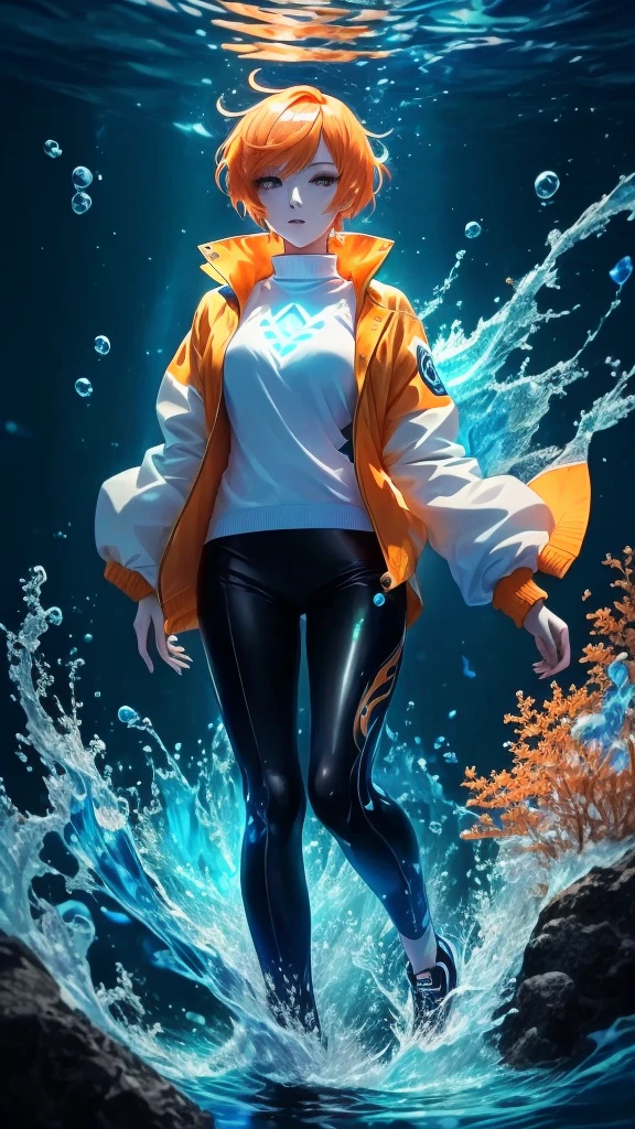 A woman with short straight orange hair standing in the water, Wallpaper Anime Blue Water, Water that makes the sea sparkle, Ink art animation , glowing water element, Anime Art Wallpaper 4K, Anime Art Wallpaper 4K, HD Anime Wallpaper, Anime Wallpaper 4K, Anime Wallpaper 4K, anime art wallpaper 8 k，Anime style illustration of underwater characters。This character has short straight orange hair.,Orange Eyes，Wearing a stylish white sweater jacket，Dark blue pattern on shoulders，And black pants and white sneakers，It has intricate designs and glowing patterns on it。The suit appears to be made of a material that reflects light，Give it a luminous quality。The character&#39;s pose is one of contemplation or reflection，Her head is tilted slightly upwards，Looking beyond the lens,Holding a hammer in the right hand,Holding a small scarecrow in the left hand,。The background is a mesmerizing underwater scene，There are swirling blue tones and bubbles，Adds an ethereal atmosphere。The lighting in the image is soft，Seems to come from above，Casts a soft glow on the character，Create a tranquil underwater atmosphere。