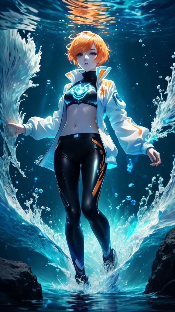 A woman with short straight orange hair standing in the water, Wallpaper Anime Blue Water, Water that makes the sea sparkle, Ink art animation , glowing water element, Anime Art Wallpaper 4K, Anime Art Wallpaper 4K, HD Anime Wallpaper, Anime Wallpaper 4K, Anime Wallpaper 4K, anime art wallpaper 8 k,Anime style illustration of underwater characters。This character has short straight orange hair.,Orange Eyes,Wearing a stylish white sweater jacket,Dark blue pattern on shoulders,And black pants and white sneakers,It has intricate designs and glowing patterns on it。The suit appears to be made of a material that reflects light,Give it a luminous quality。The character's pose is one of contemplation or reflection,Her head is tilted slightly upwards,Looking beyond the lens,Holding a hammer in the right hand,Holding a small scarecrow in the left hand,。The background is a mesmerizing underwater scene,There are swirling blue tones and bubbles,Adds an ethereal atmosphere。The lighting in the image is soft,Seems to come from above,Casts a soft glow on the character,Create a tranquil underwater atmosphere。