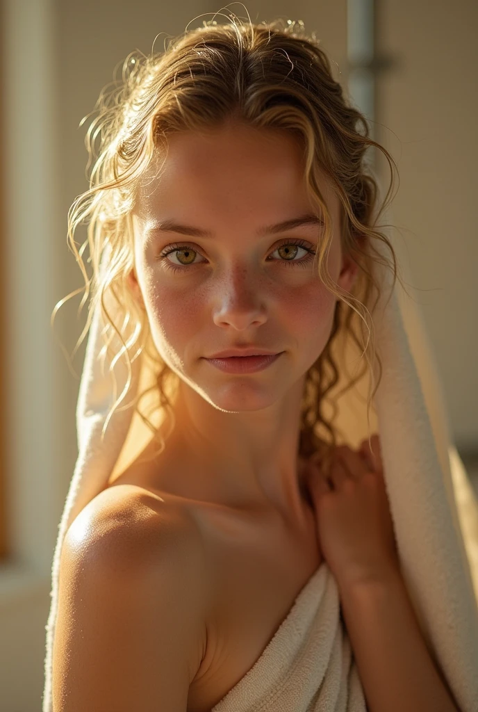 A beautiful extremely thin 14yo girl (mckenna grace:madi teeuws:cameron richardson), waterdrops on skin, wet hair, stepping out of the shower, walking to the side, nude and wrapped in a towel, the perfect body, sensual, alluring, detailed facial features, detailed eyes, detailed lips, feminine, graceful, natural lighting, warm tones, golden hour, glowing skin, light steam, soft focus, (photorealistic, 8k, best quality, hyper detailed, hires:1.2), sharp focus,vivid coors,bokeh,erotic,inviting,suggestive,seductive,desirable,teasing,naughty, radiant smile, cinematic, award winning, associated press shot, every single hair visible, most detailed face and eyes, ((best full shot)), best clavicle, best thigh gap, best very perfect very long midriff:1.4, beautiful pussy:1.2, best small round ass, so sexy men use the photo to masturbate, best shadow, best light reflections, gorgeous, very cute