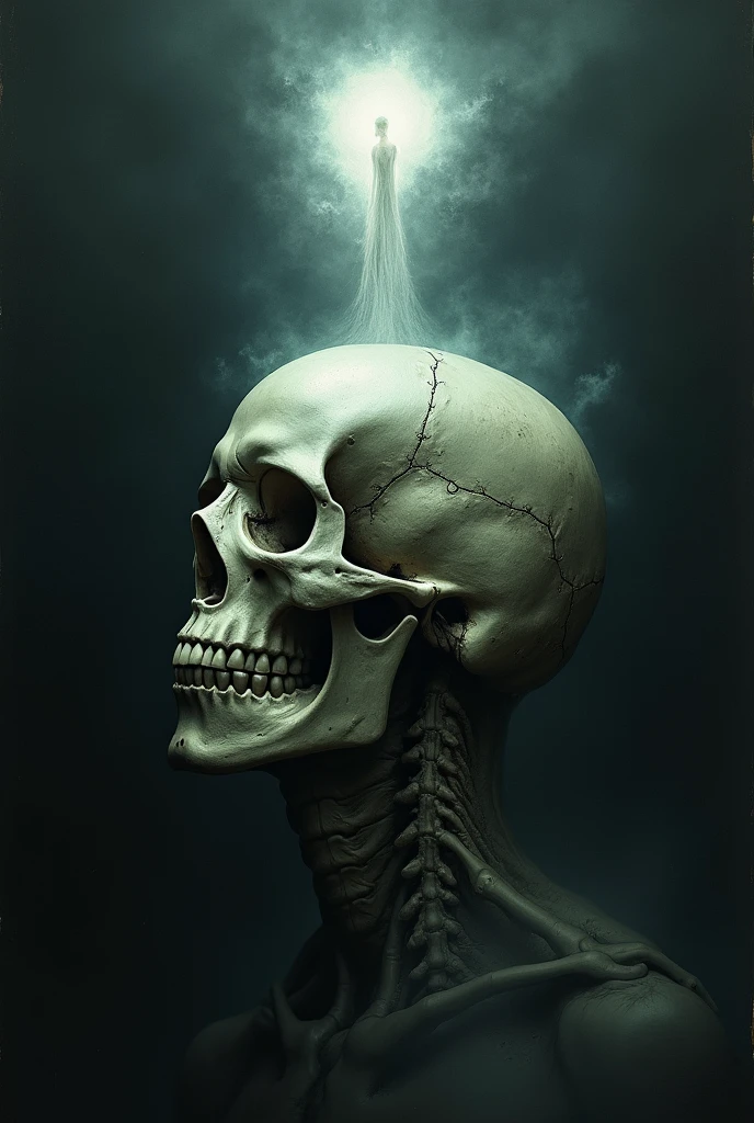 Hyperrealistic face with a theme of introinspection which will be consecutively a skull below an illuminated being and below it the hyperrealistic face as a type of mask