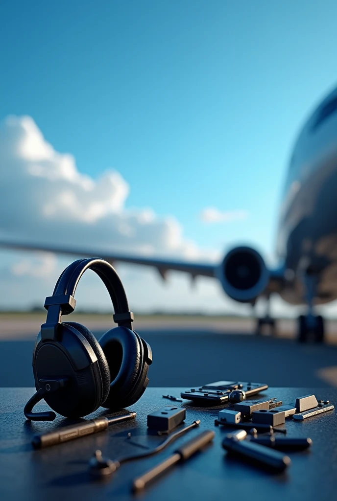 an airplane in the background, A blue sky, maintenance tools and an aviation headset ready to be repaired
