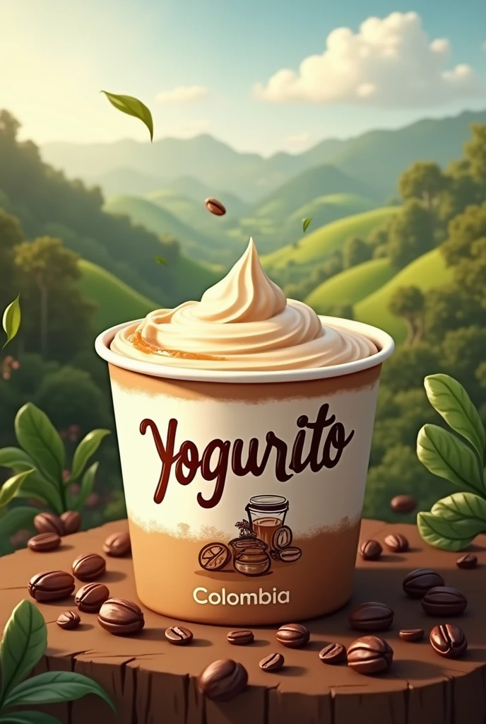 Create a coffee-flavored yogurt image with your name printed on it "yogurito" concerning Colombia
