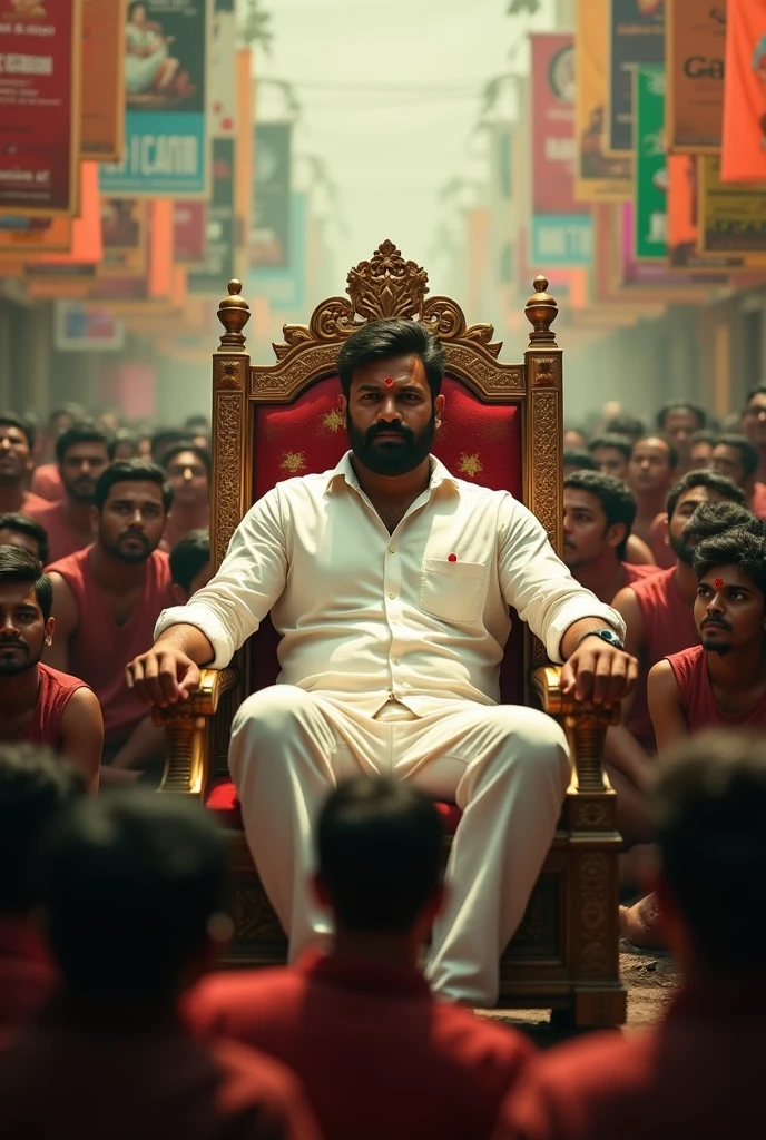 Backround full of cutout and banners of movie poster a man wearing white shirt sitting in king chair dark hair and beard dramatic atmosphere surrounded by tamilnadu men crowd