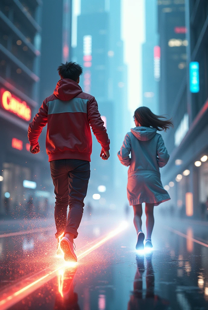 A futuristic urban setting where a age boy runs at super speed, leaving a trail of light and blur behind him. Nearby, a teengirl fades into invisibility, her form shimmering as she disappears. The central boy watches them with determination, their powers on full display against the city’s high-tech backdrop."