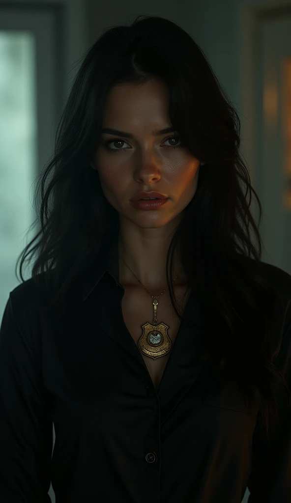 A woman wearing a black shirt with a long wavy black hair and wearing a detective member sign