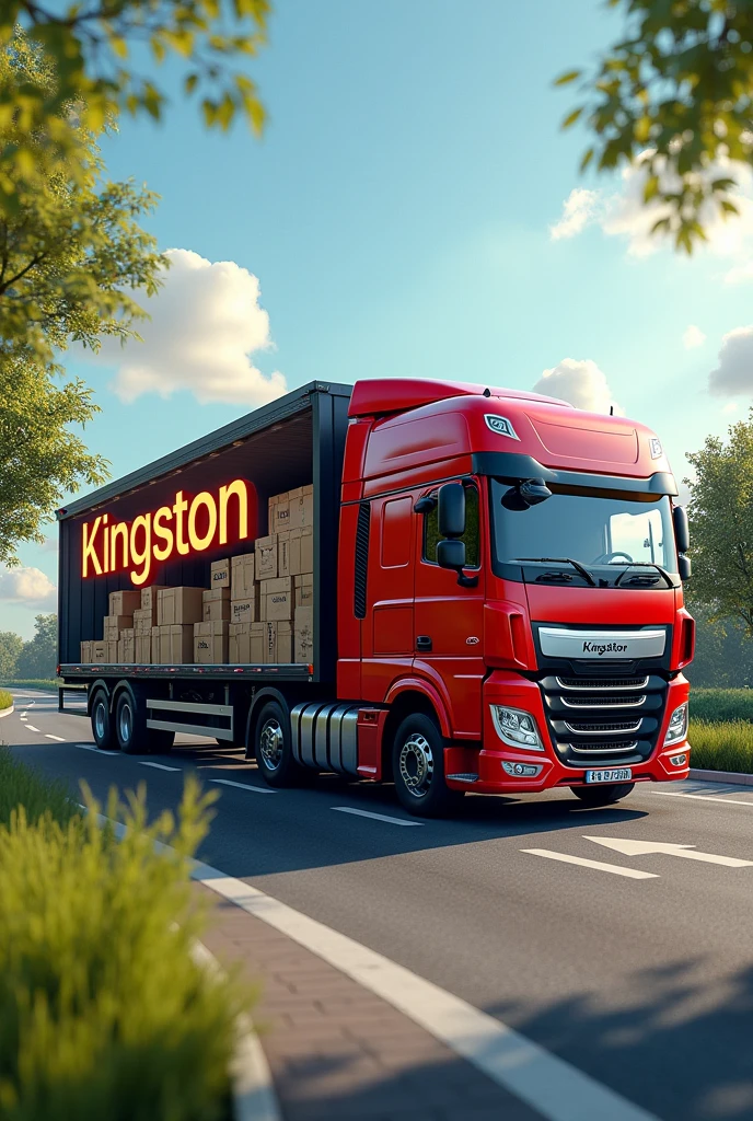 Lorry company name new kingston background on the road, bring the item like many boxes,colour Red black