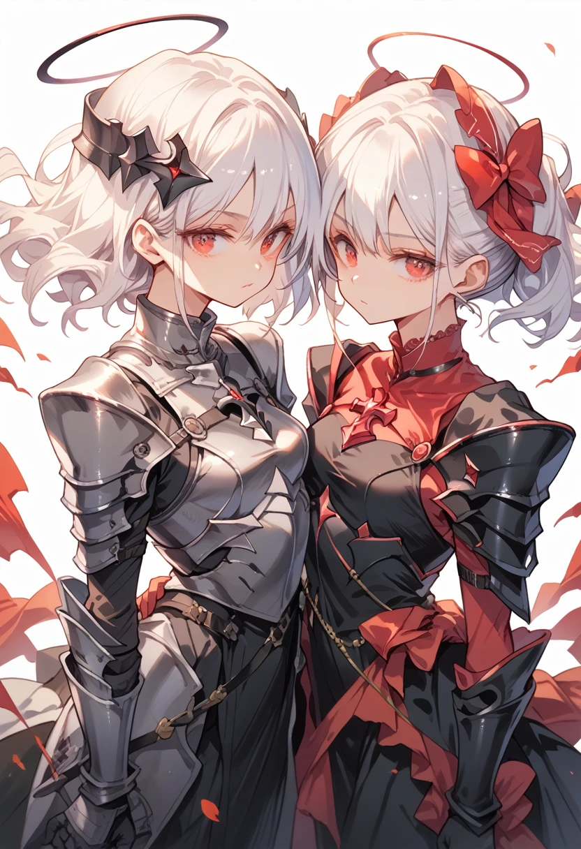 two beautiful knight anime sisters, one white haired and one with short black hair, standing side by side wearing sexy black knight armor, crimson eyes, hd