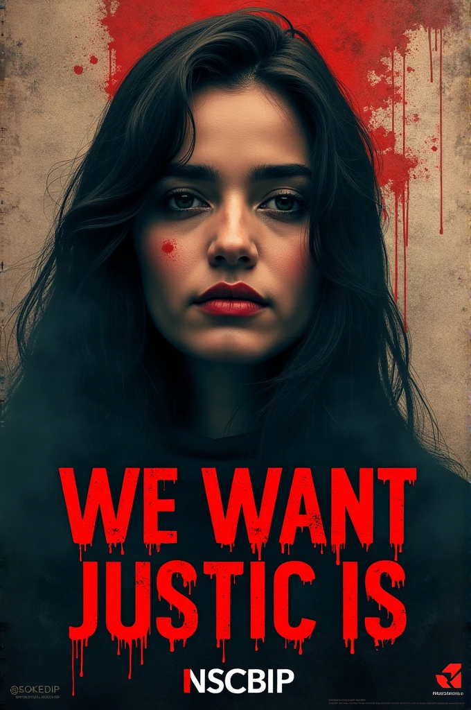 Make a bloody poster against brutally raped and murder on duty lady doctor in RG KAR medical College. Poster headlines will be "WE WANT JUSTIC IS" my college name given bellow"NSCBIP"