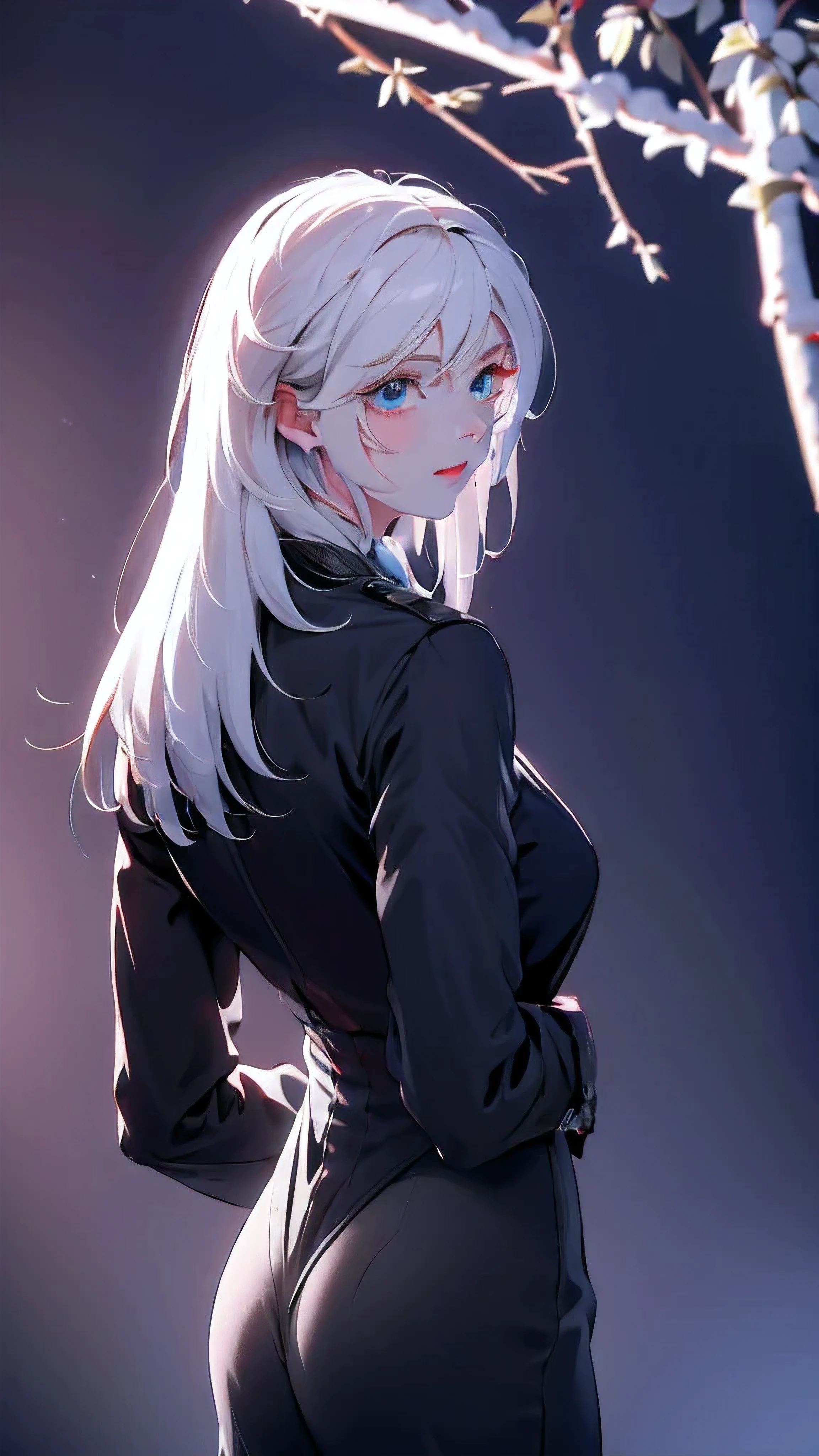 1 Girl, medium light white hair, light blue eyes, wearing Black Suit 4D , night club TOWN , high res, ultrasharp, 8K, masterpiece, looking from behind