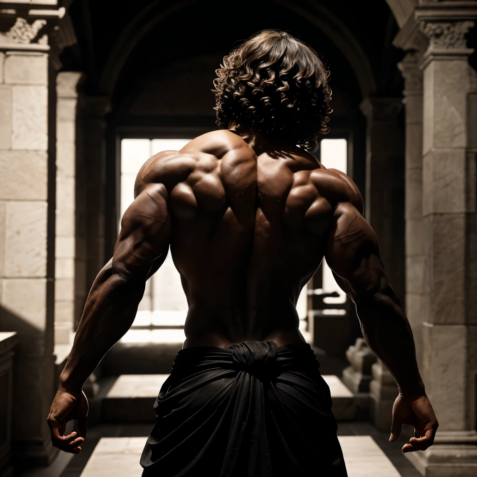 Create a dramatic, high-contrast image of a muscular, male figure from the back. The lighting is focused on highlighting the intricate details of the back muscles, casting deep shadows and emphasizing the strength and power of the figure. The figure is shirtless, with a flowing cloth draped around the waist, reminiscent of classical statues. The hair is curly and slightly tousled, adding to the dynamic and powerful presence. The background is dark, with the figure standing out prominently, almost as if carved from stone