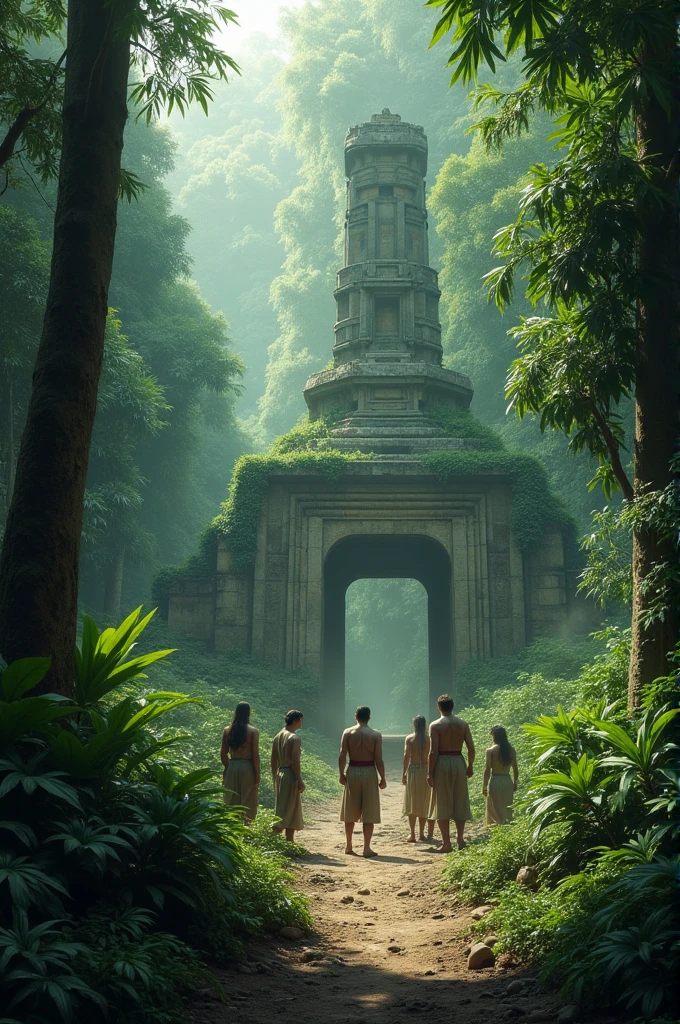 "Depict a dramatic scene set in a lush, ancient