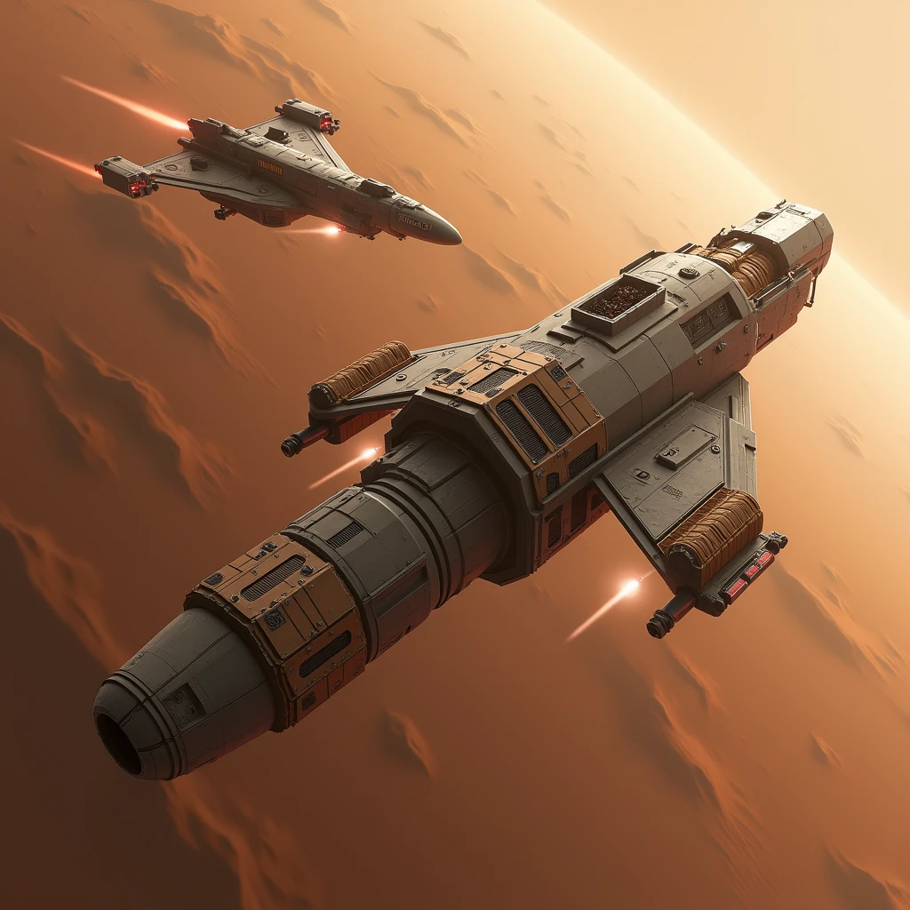 Supply carrier, shuttle ship, science fiction, low technology, Mars, satellite orbit, realistic, precision, masterpiece