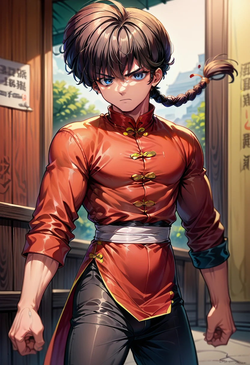 score_9, score_8_up, score_7_up, 1boy, solo, (male:1.5), male focus, ranma-kun, male, black_hair, blue_eyes, single_braid, chinese_clothes, tangzhuang, black_pants, standing, fighting pose, serious face, looking at you, doujo