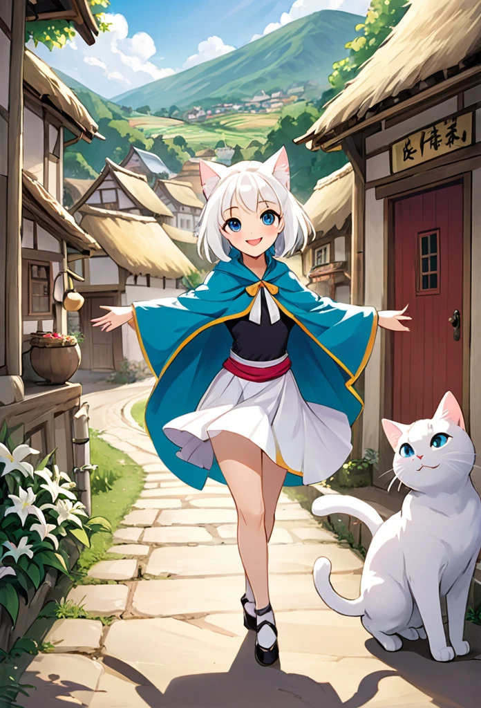 “Create an image titled ‘The Path to a Dancer: Return’ featuring Lily, the anime-style white cat with big, expressive eyes. Lily is now a professional dancer, returning to her small village with a warm smile. The scene should show the villagers welcoming her back with open arms, as she stands proudly at the entrance of the village, with her dance outfit slightly visible under her travel cloak.”