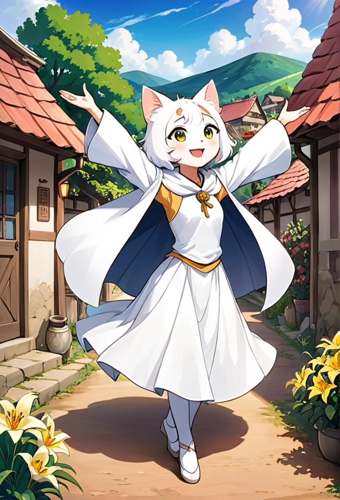 “Create an image titled ‘The Path to a Dancer: Return’ featuring Lily, the anime-style white cat with big, expressive eyes. Lily is now a professional dancer, returning to her small village with a warm smile. The scene should show the villagers welcoming her back with open arms, as she stands proudly at the entrance of the village, with her dance outfit slightly visible under her travel cloak.”