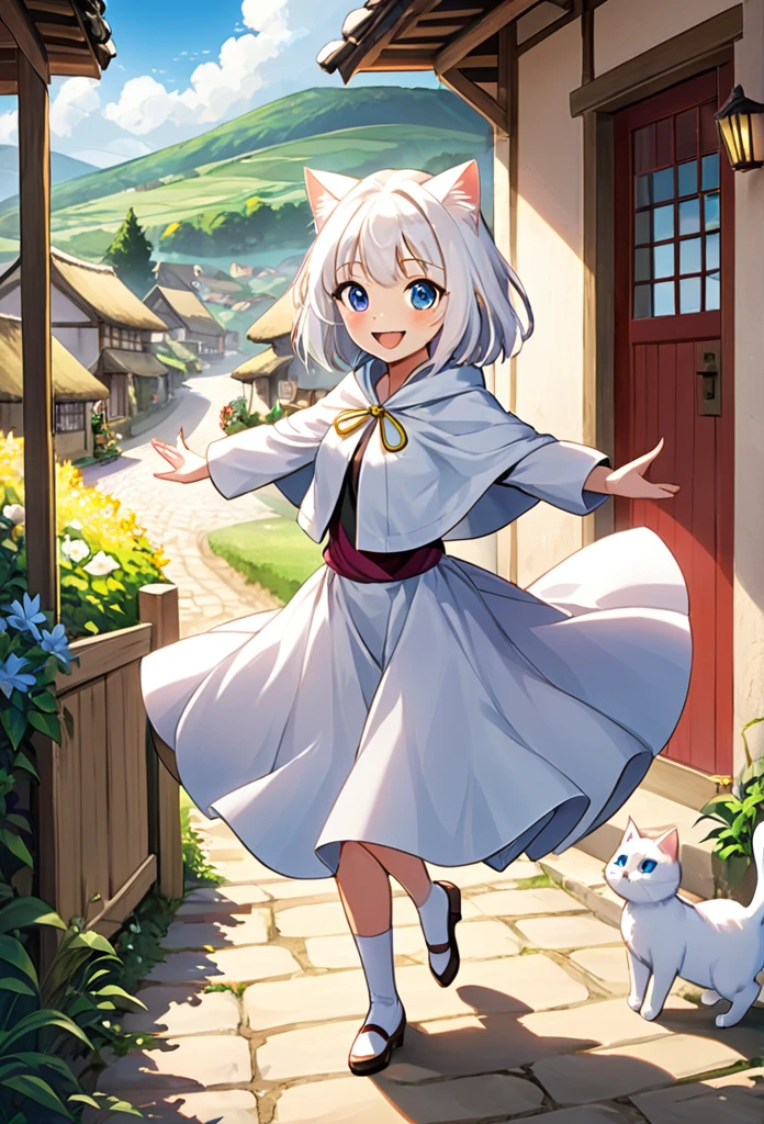 “Create an image titled ‘The Path to a Dancer: Return’ featuring Lily, the anime-style white cat with big, expressive eyes. Lily is now a professional dancer, returning to her small village with a warm smile. The scene should show the villagers welcoming her back with open arms, as she stands proudly at the entrance of the village, with her dance outfit slightly visible under her travel cloak.”