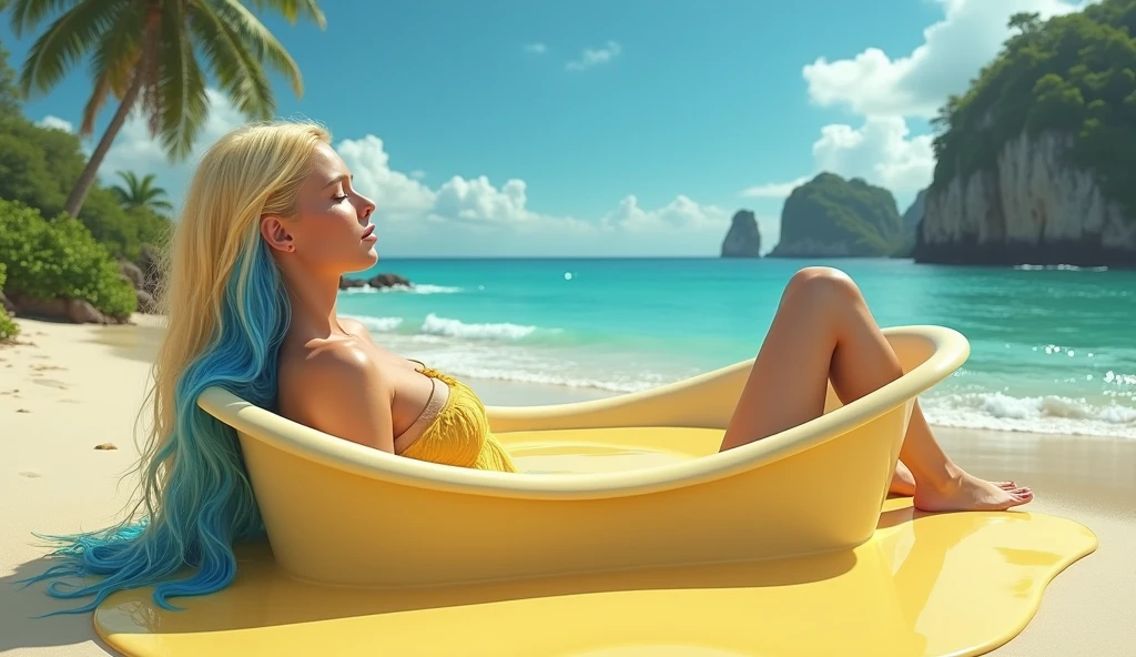Blonde woman with blue hair and her x in Mayo bathing at the beach