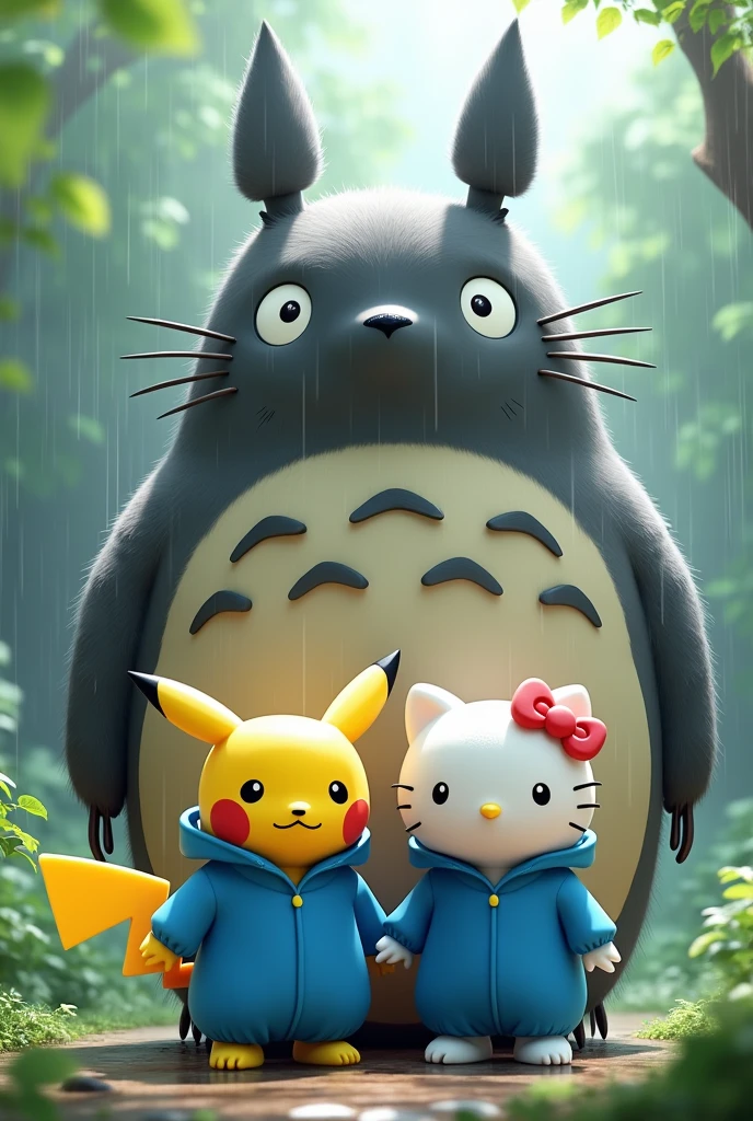 Fat Pikachu and hello kitty dress blue rain suit and large totoro
