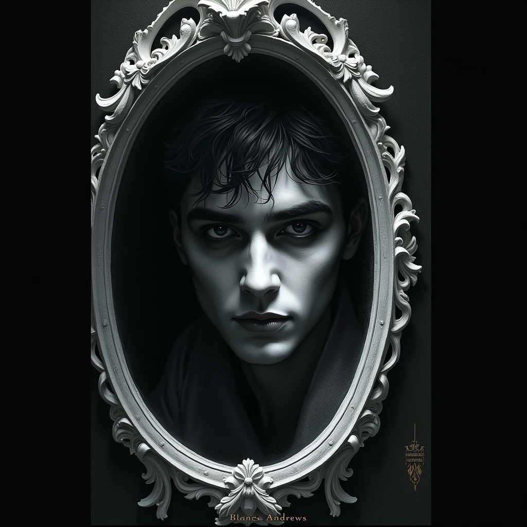 Arafed image of a book cover of Snow White and the Cursed Mirror, with a picture of a man in a mirror, an album cover by Juan de Valdés Leal, behance contest winner, vanity, Blanca Alvarez, black and white, white eyes, !!!Esau Andrews!!!, black eyes, big eyes, spectres, benjamin lacombe, novel cover image in 9:16 for TikTok
