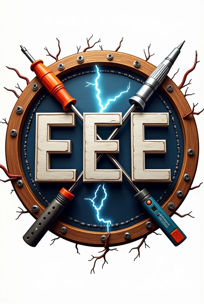 A Logo with circular wooden frame, embossed EEE letters, thundering effect, crossed screw driver, testers, chords and leads