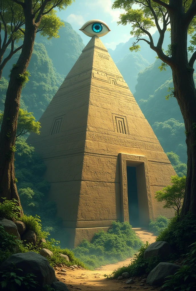 With concept art style draws A hidden island in the forest that has as its protagonist an Egyptian sand pyramid with a small floating glass eye on top seen from above