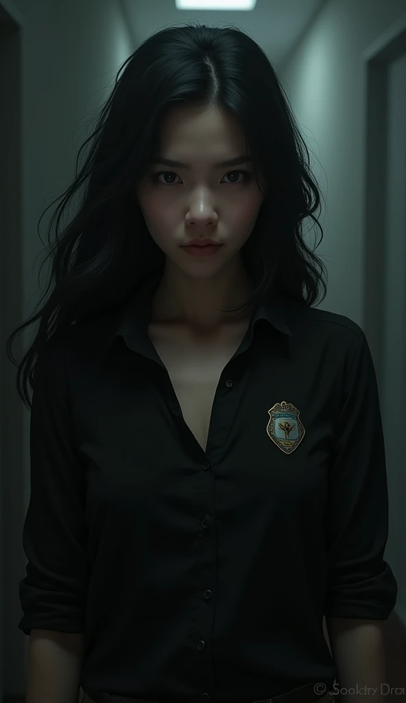 A woman wearing a black shirt with a long wavy black hair and wearing a detective member sign