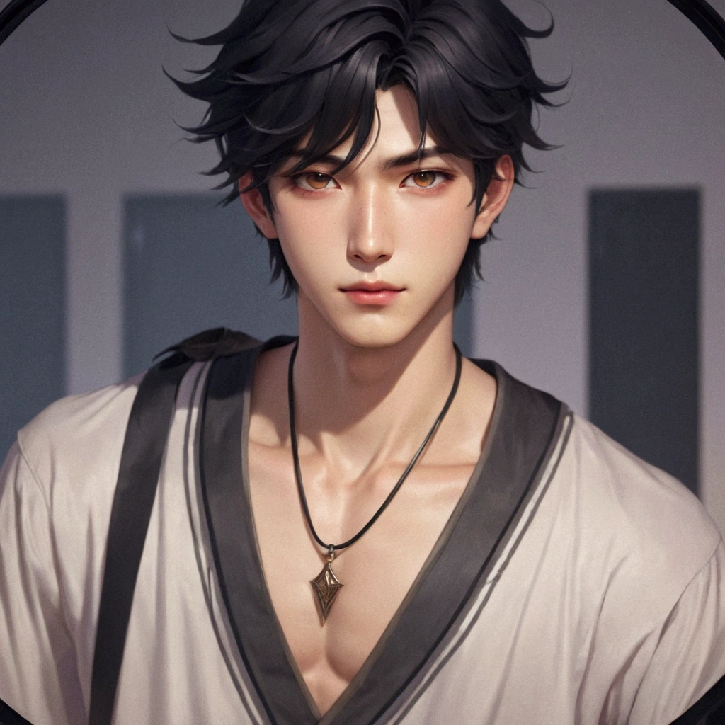 black hair and black kurta , heise jinyao, anime handsome man, keqing from genshin impact, handsome guy in demon slayer art, zhongli from genshin impact, delicate androgynous prince, inspired by Bian Shoumin, taisho roman, beautiful androgynous prince, tan skin, exposed collarbone, bare chest, Realistic, hyper realistic, Grey eyes