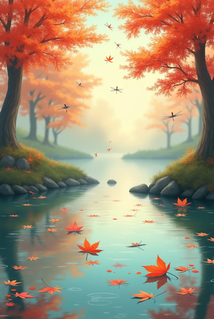 Create japanese in aki season make illustration 2d
Add maple leaves and dragonflies floating on water
Don't show trees then