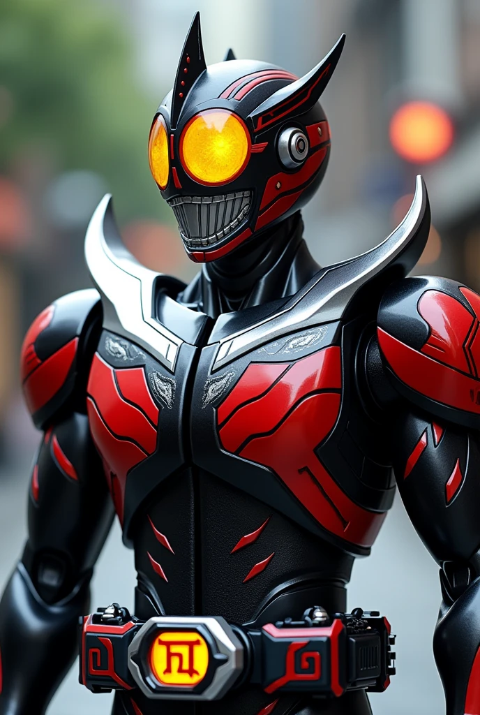 Kamen Rider Faiz 555 Transforms using a cell phone Black body with red lines Silver on chest and other parts Has yellow eyes Overall body armor is rounded The face is also round in design, with the Greek letter Φ as its motif Mouth has five spikes Cell phone attached to belt