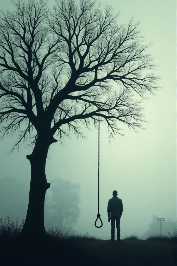 A tree with a rope hanging and a silhouette of a man in the background with the phone in his hand