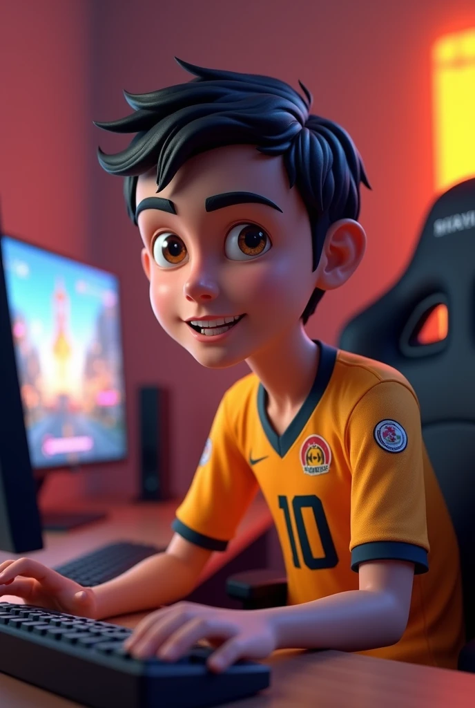 Create 3D animation character 25 Year old boy is Playing freefire Mobile Game mobile in gaming room, wearing a jersey kit number 10 Name "Mehedi " written on his jersey