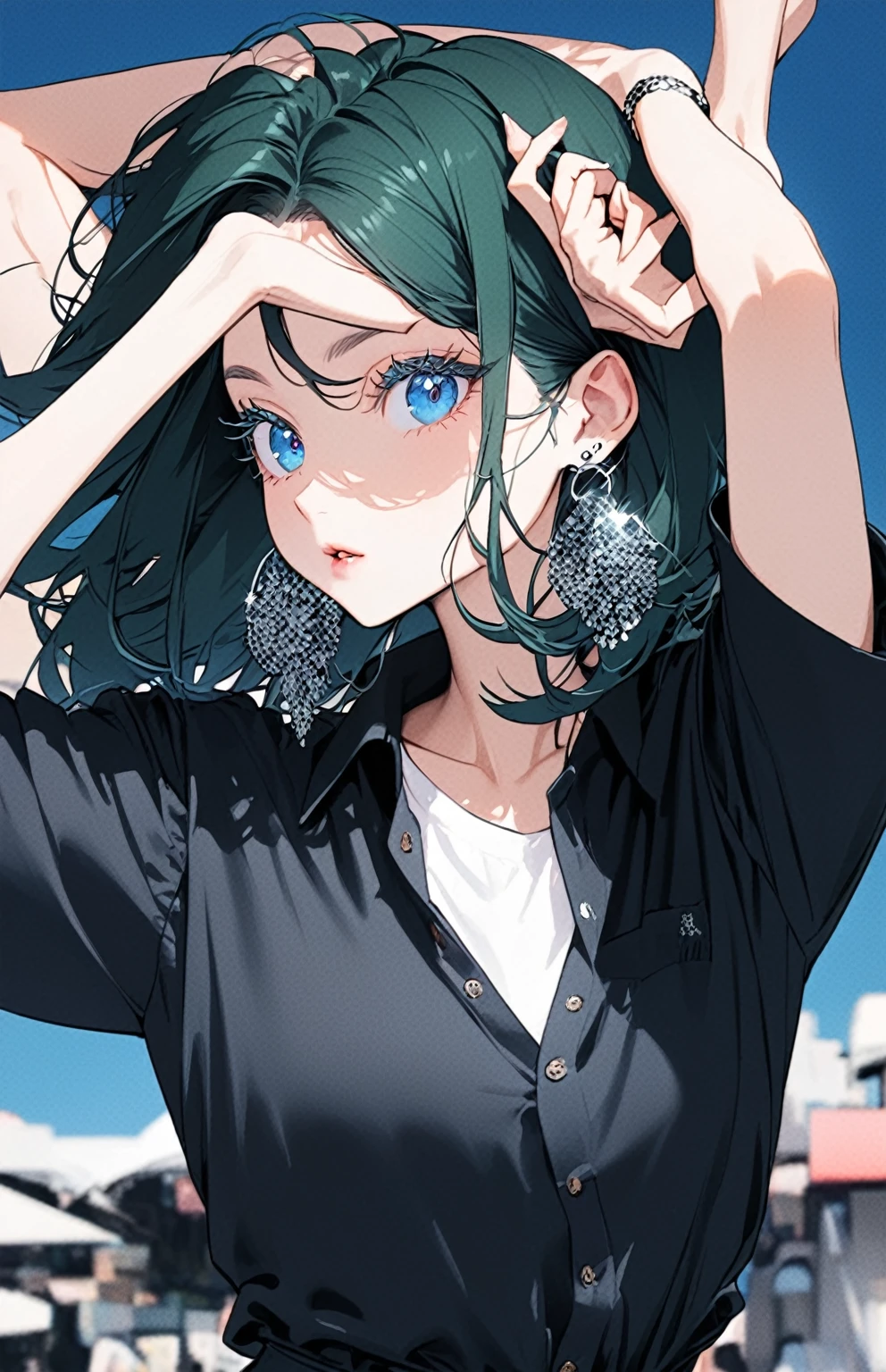 The Minimalists，Fashion Girl，Dark green hair，Blue Background，Wear special earrings，Clear lashes，Bright blue eyes，（Pose），