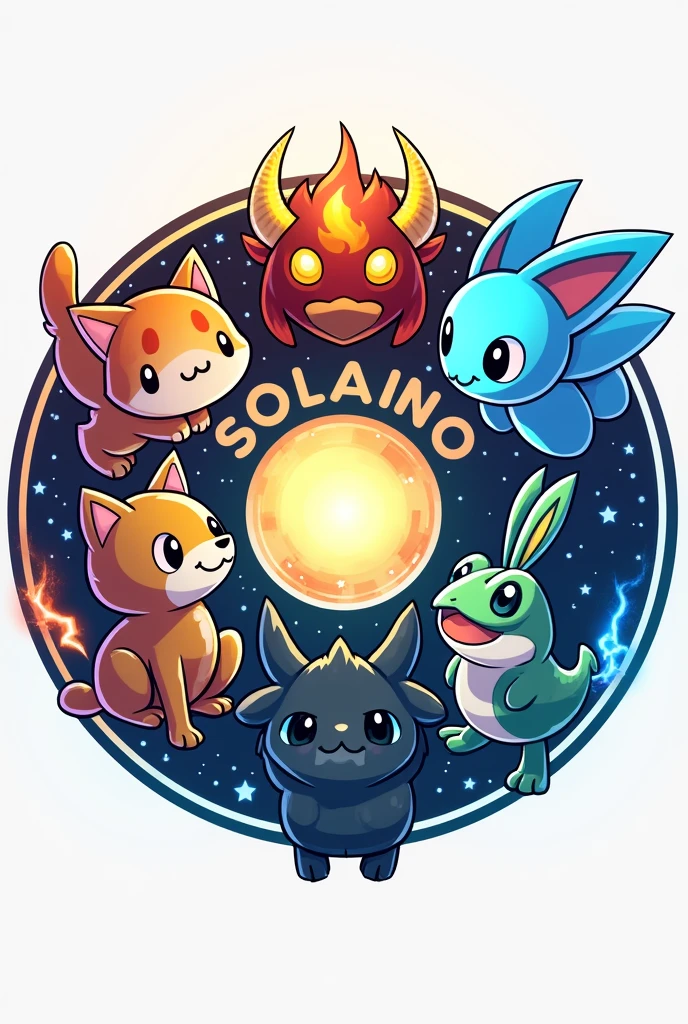 Design a circular logo for 'SOLMON - Solana Monsters' that encapsulates a playful yet powerful aesthetic, similar to the Pokémon style, with a focus on elemental-themed animals. The logo should prominently feature five stylized pets: a cat, dog, bull, frog, and rabbit. Each pet should embody a distinct elemental theme (e.g., fire, water, earth, air, electricity), and their design should reflect this through vibrant colors and dynamic poses.

The pets should be positioned around a central emblem that represents the 'Solana' theme, perhaps using a glowing orb or digital symbol. The pets can either encircle the emblem or be integrated into the design in a way that feels cohesive and balanced.

The circular border of the logo should have subtle textures or gradients reminiscent of digital or cosmic elements, enhancing the futuristic and magical vibe. The text 'SOLMON' should be prominently displayed within the circular design, using bold, rounded typography that is both friendly and adventurous.

Around the text and emblem, incorporate small details like digital sparks, stars, or waves to give the logo an otherworldly, magical vibe. Ensure the overall design is clean, balanced, and visually striking, making it easily recognizable and suitable for branding purposes."

This prompt will guide the creation of a circular logo that features the specific pets and integrates the elemental themes, while maintaining a modern and appealing style similar to Pokémon.