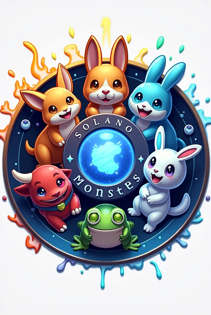 Design a circular logo for 'SOLMON - Solana Monsters' that encapsulates a playful yet powerful aesthetic, similar to the Pokémon style, with a focus on elemental-themed animals. The logo should prominently feature five stylized pets: a cat, dog, bull, frog, and rabbit. Each pet should embody a distinct elemental theme (e.g., fire, water, earth, air, electricity), and their design should reflect this through vibrant colors and dynamic poses.

The pets should be positioned around a central emblem that represents the 'Solana' theme, perhaps using a glowing orb or digital symbol. The pets can either encircle the emblem or be integrated into the design in a way that feels cohesive and balanced.

The circular border of the logo should have subtle textures or gradients reminiscent of digital or cosmic elements, enhancing the futuristic and magical vibe. The text 'SOLMON' should be prominently displayed within the circular design, using bold, rounded typography that is both friendly and adventurous.

Around the text and emblem, incorporate small details like digital sparks, stars, or waves to give the logo an otherworldly, magical vibe. Ensure the overall design is clean, balanced, and visually striking, making it easily recognizable and suitable for branding purposes."

This prompt will guide the creation of a circular logo that features the specific pets and integrates the elemental themes, while maintaining a modern and appealing style similar to Pokémon.