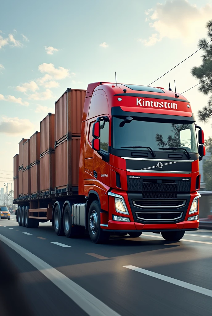 Lorry company name is New Kingston background on the road, bring the item like many boxes,colour Red black