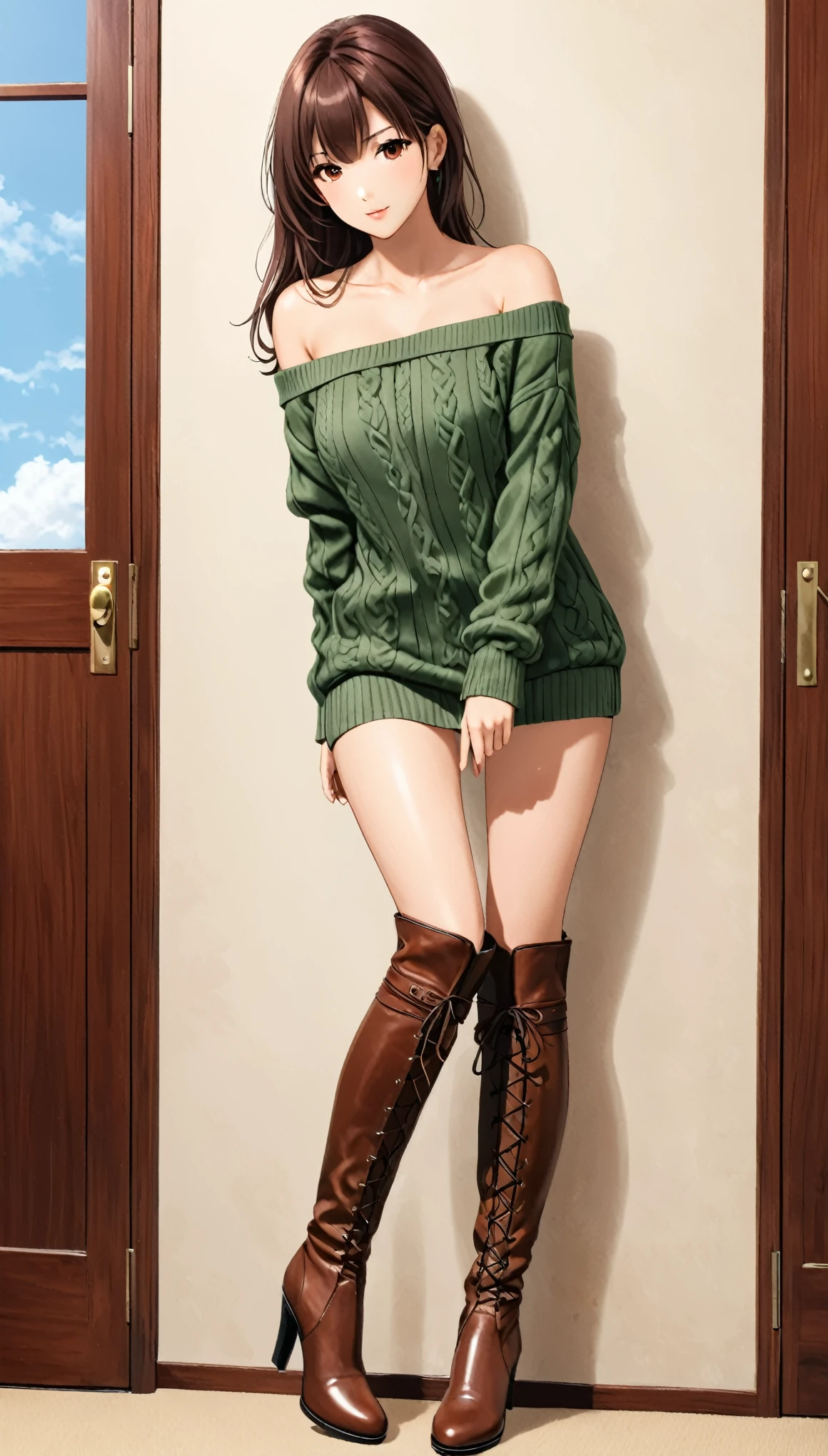 in style of Chris Claremont
(1girl,gravure_pose), sweater only,(tie-up over-the-knee long-heel leather boots1.5),tall man,long legs,naked shoulder sweater,leaning_forward