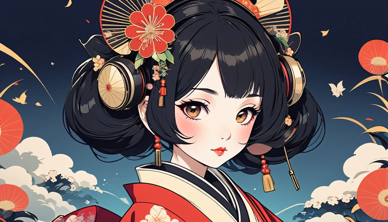 Oiran with Japanese style headphones、Black Hair、fan、Wide-angle lens, Lofi Anime, Lofi illustration, Aesthetic atmosphere, Lo-Fi Style, Vector art, Flat Design, Simple shape, Warm tones, Pleasant atmosphere, Chill, In anime style, Digital drawing, Vector art, Vector logo for t-shirt printing, (Adorable:1.5), (small:1.4), (Playful:1.2), (soft:1.3), (Whimsical:1.1), masterpiece, Highest quality, 8k, Intricate details, grow, Celestial, Mysterious, Picturesque, amazing, Majestic, Magic, Fantasy art, Cover art, dream-like