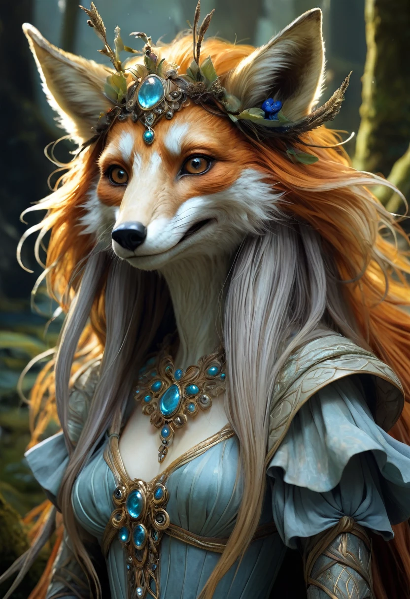 Brian Froud Inspired Beautiful Humanoid Creature. Cross Between A Wholly Mammoth And A fox. femenine. Friendly And Inviting Looking. Exudes Good And Kindness. Wearing A 1920 Dress. Official Art, Award Winning Digital Painting, Digital Illustration, Extreme Detail, 4k, Ultra Hd, Rococo, Polished, Intricate, Realistic Fantasy Art, Sharp Focus, Concept Art, Art By Wlop, Artgerm, (2d Vector Illustration)
