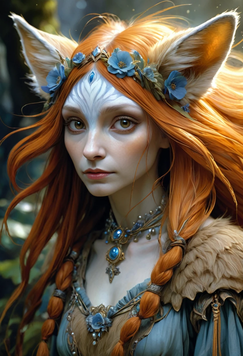 Brian Froud Inspired Beautiful Humanoid Creature. Cross Between A Wholly Mammoth And A fox. femenine. Friendly And Inviting Looking. Exudes Good And Kindness. Wearing A 1920 Dress. Official Art, Award Winning Digital Painting, Digital Illustration, Extreme Detail, 4k, Ultra Hd, Rococo, Polished, Intricate, Realistic Fantasy Art, Sharp Focus, Concept Art, Art By Wlop, Artgerm, (2d Vector Illustration)
