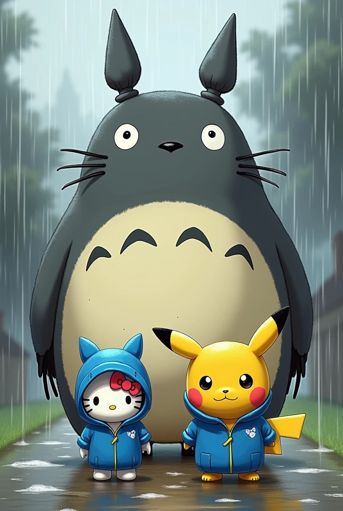 Fat Pikachu and hello kitty dress blue rain suit and large totoro draw art